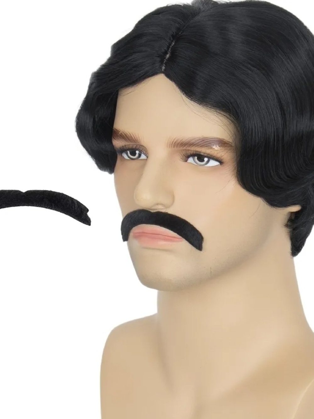 Men Gothic Short Wavy Black Costume W/Fake Mustache For Halloween